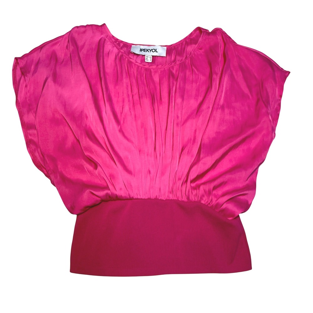 Ipekyol Hot Pink Pleated Satin Dolman Sleeve Blouse Ribbed Waist Top Barbiecore